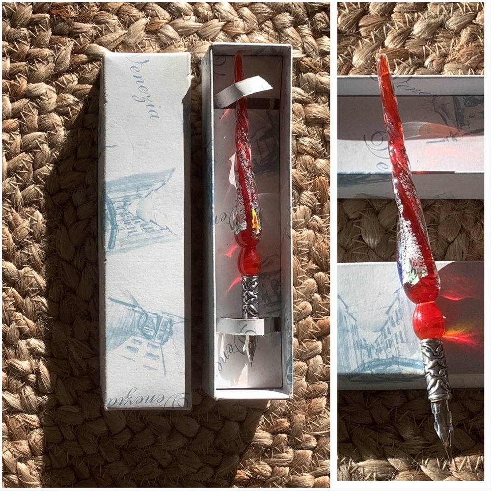 ✈️From Venice-Murano swirled glass pen holder, silvertone metal holder + nib